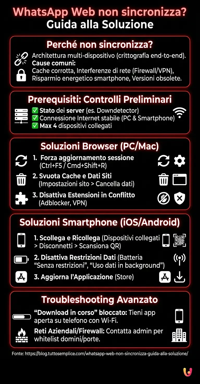 WhatsApp Web non sincronizza? Guida alla Soluzione - Infografica riassuntiva