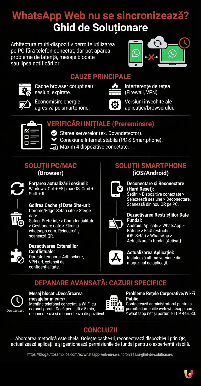 WhatsApp Web nu se sincronizează? Ghid de Soluționare - Infografic rezumativ