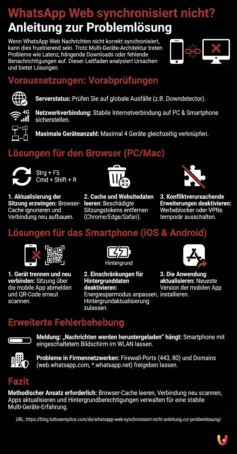 WhatsApp Web synchronisiert nicht? Anleitung zur Probleml&ouml;sung - Zusammenfassende Infografik