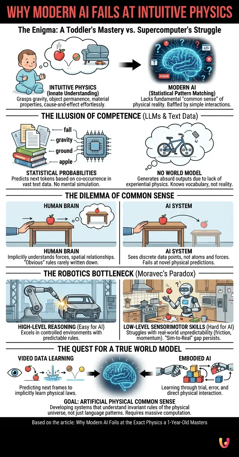 Why Modern AI Fails at the Exact Physics a 1-Year-Old Masters - Summary Infographic