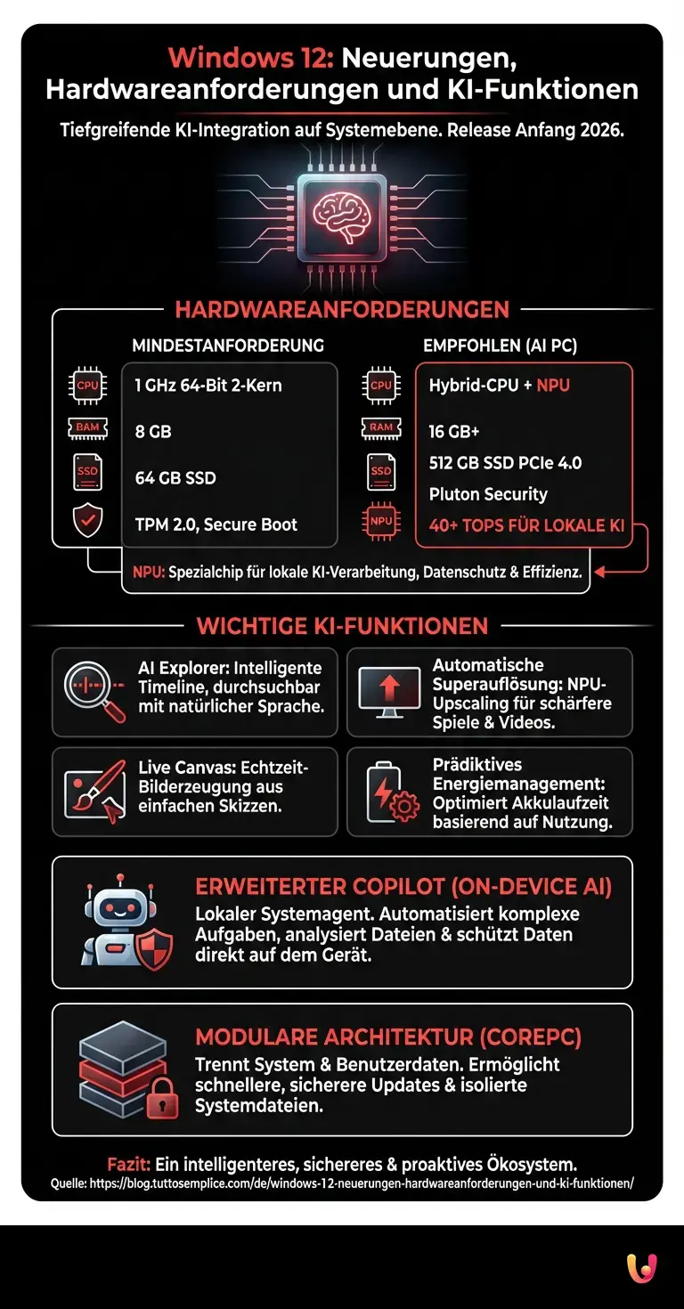 Windows 12: Neuerungen, Hardwareanforderungen und KI-Funktionen - Zusammenfassende Infografik