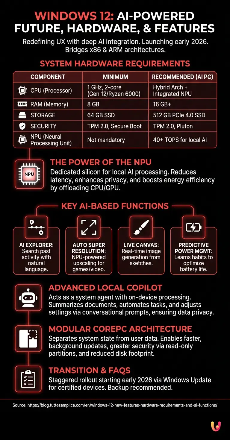 Windows 12: New Features, Hardware Requirements, and AI Functions - Summary Infographic