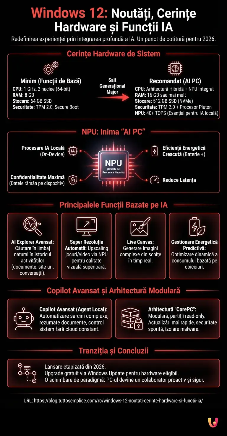 Windows 12: Noutăți, Cerințe Hardware și Funcții IA - Infografic rezumativ