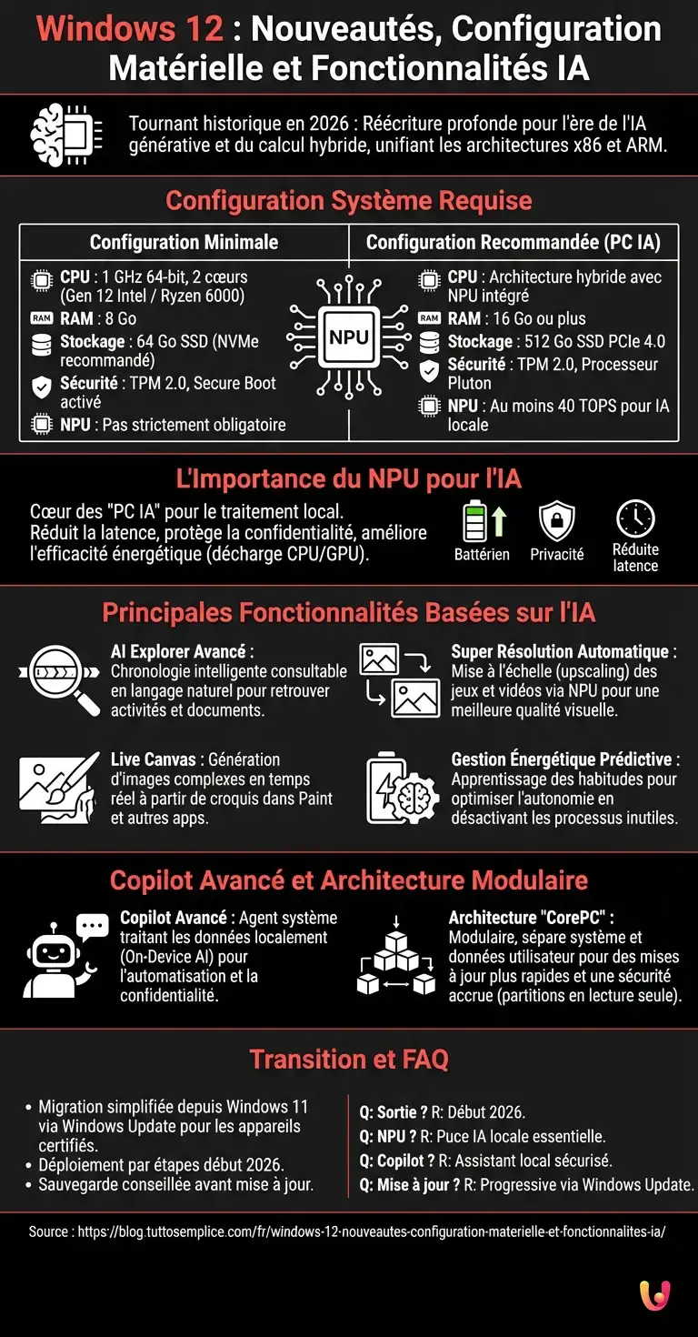 Windows 12 : Nouveaut&eacute;s, Configuration Mat&eacute;rielle et Fonctionnalit&eacute;s IA - Infographie r&eacute;sumant