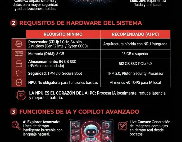 Infografica: Windows 12: Novedades, Requisitos de Hardware y Funciones de IA