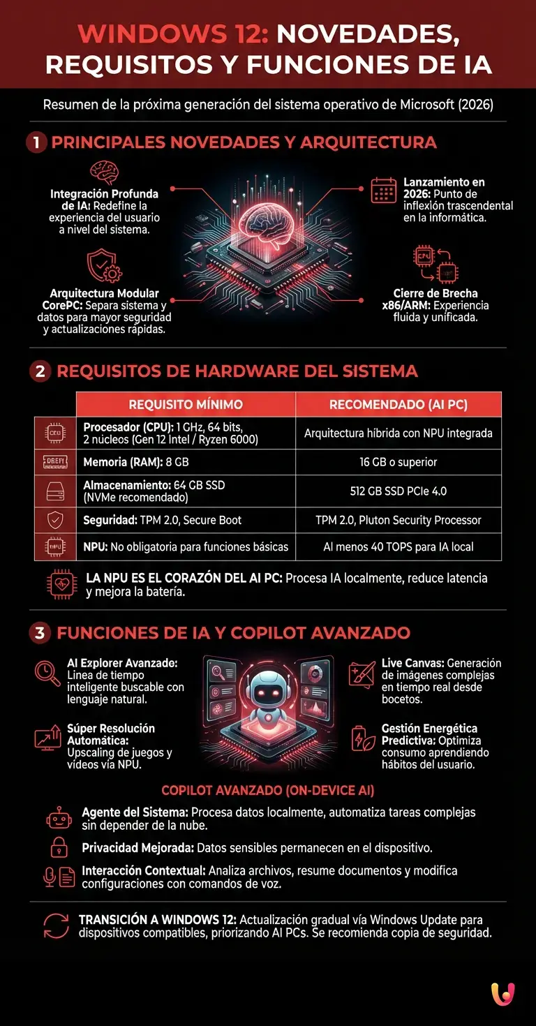 Windows 12: Novedades, Requisitos de Hardware y Funciones de IA - Infograf&iacute;a resumen