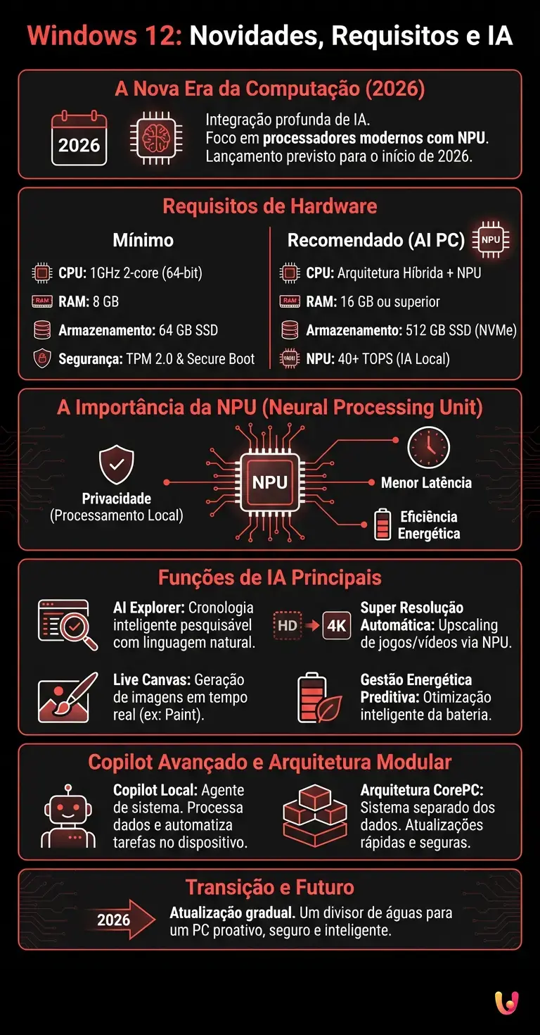 Windows 12: Novidades, Requisitos de Hardware e Fun&ccedil;&otilde;es de IA - Infogr&aacute;fico resumido
