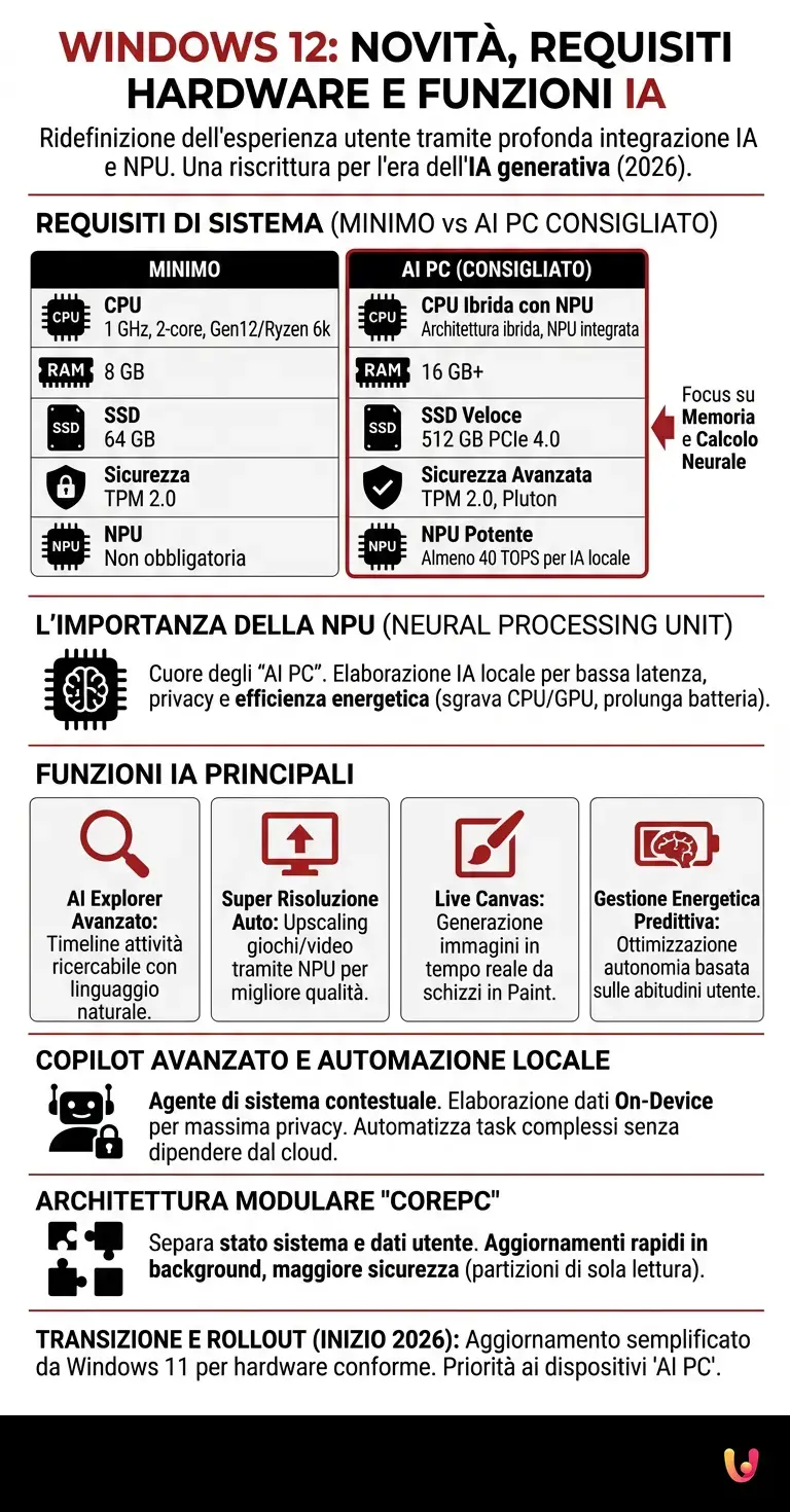 Windows 12: Novit&agrave;, Requisiti Hardware e Funzioni IA - Infografica riassuntiva