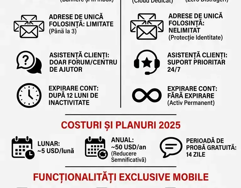 Infografica: Yahoo Mail Plus vs Free: Diferențe și Costuri 2025