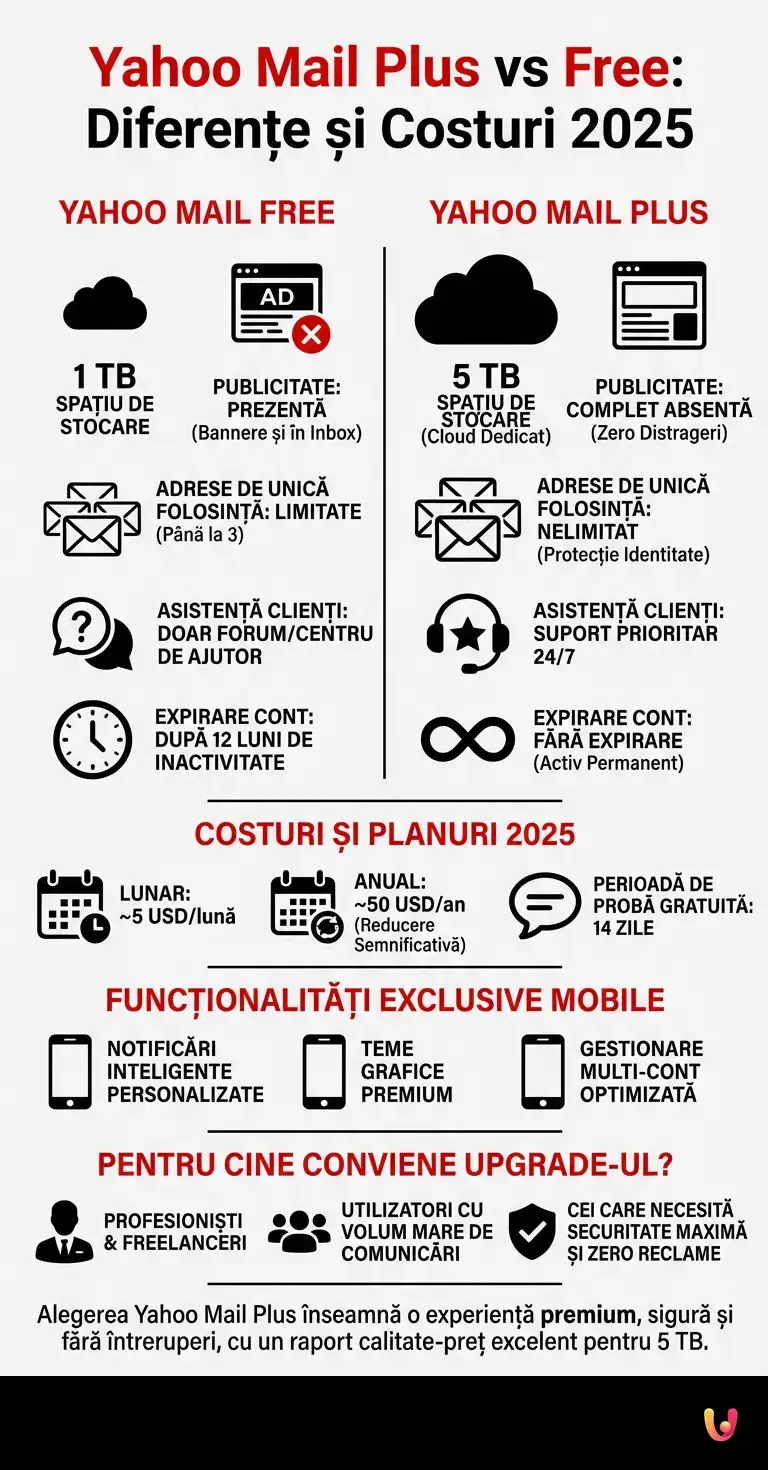 Yahoo Mail Plus vs Free: Diferențe și Costuri 2025 - Infografic rezumativ