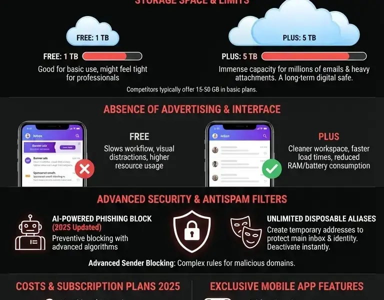 Infografica: Yahoo Mail Plus vs Free: Differences and Costs 2025