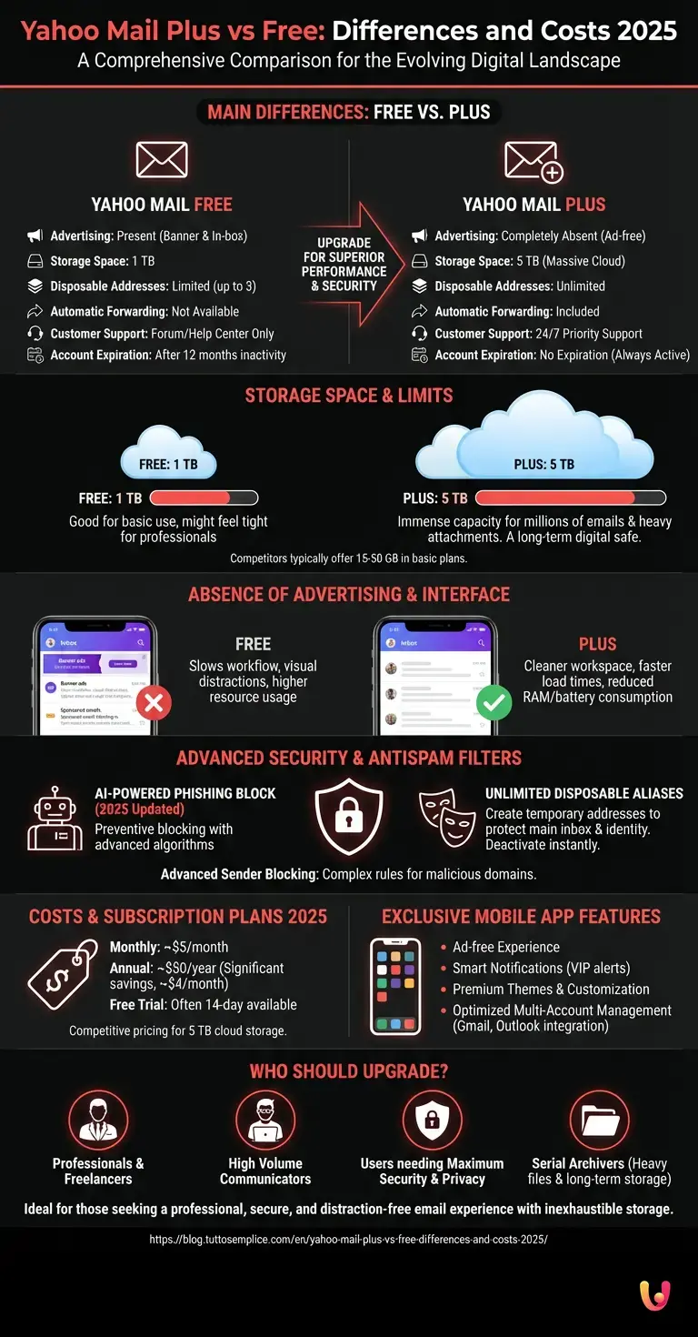 Yahoo Mail Plus vs Free: Differences and Costs 2025 - Summary Infographic