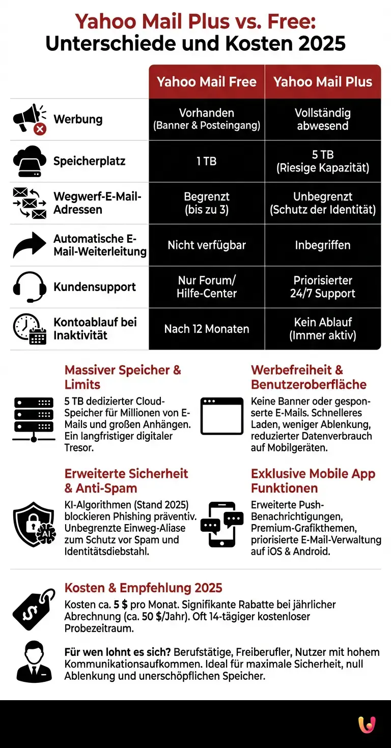 Yahoo Mail Plus vs. Free: Unterschiede und Kosten 2025 - Zusammenfassende Infografik