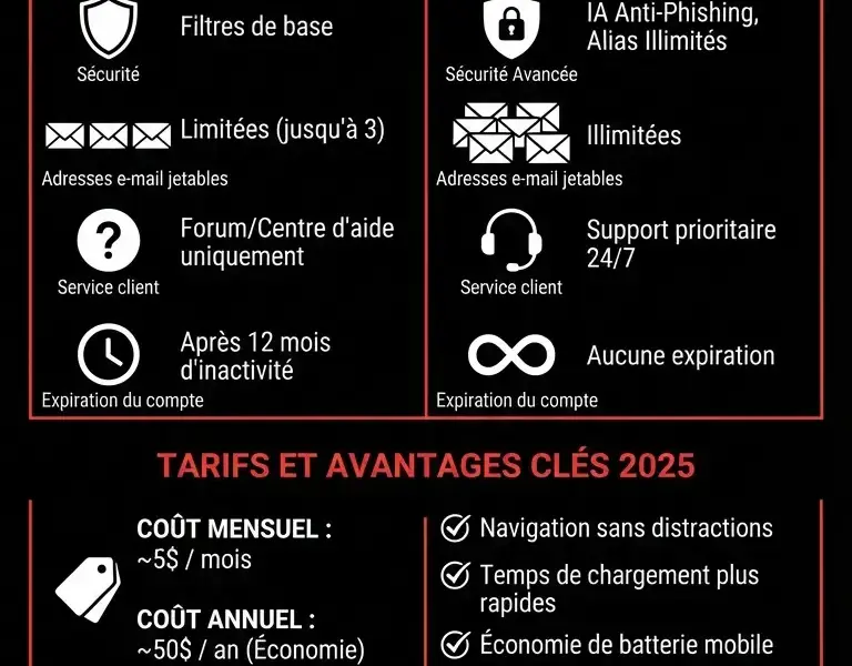 Infografica: Yahoo Mail Plus vs Gratuit : Diff&eacute;rences et Tarifs 2025