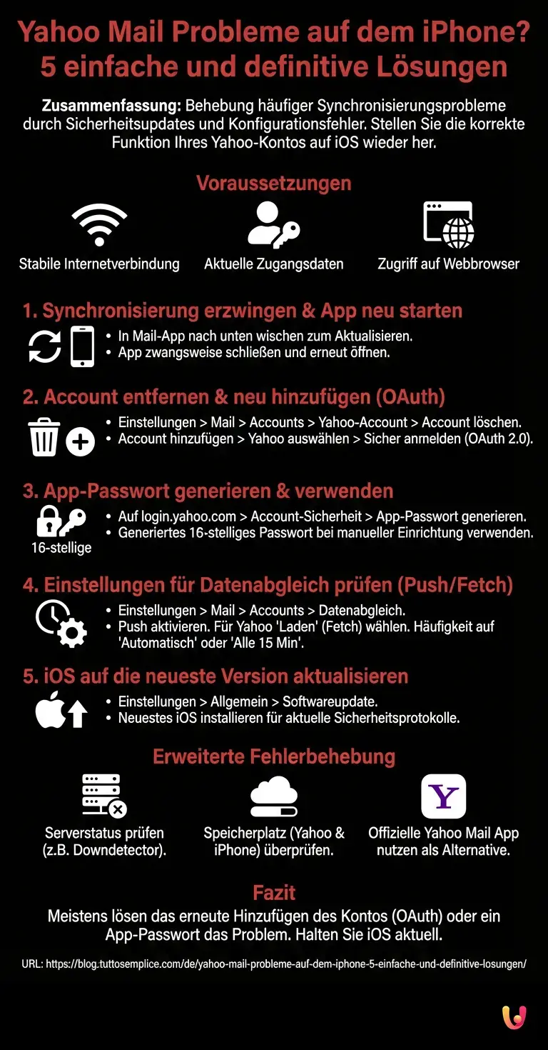 Yahoo Mail Probleme auf dem iPhone? 5 einfache und definitive L&ouml;sungen - Zusammenfassende Infografik