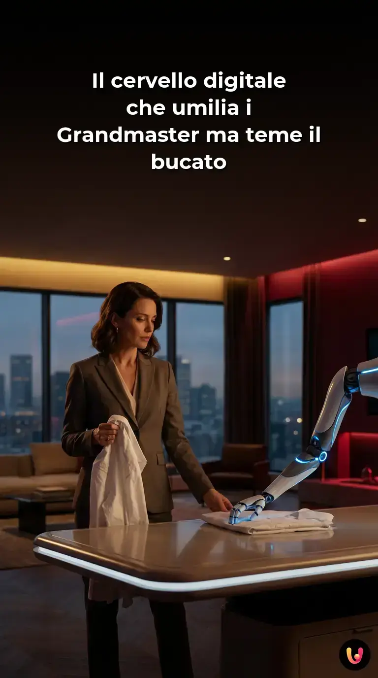 Un braccio robotico futuristico tenta goffamente di piegare una camicia bianca stropicciata