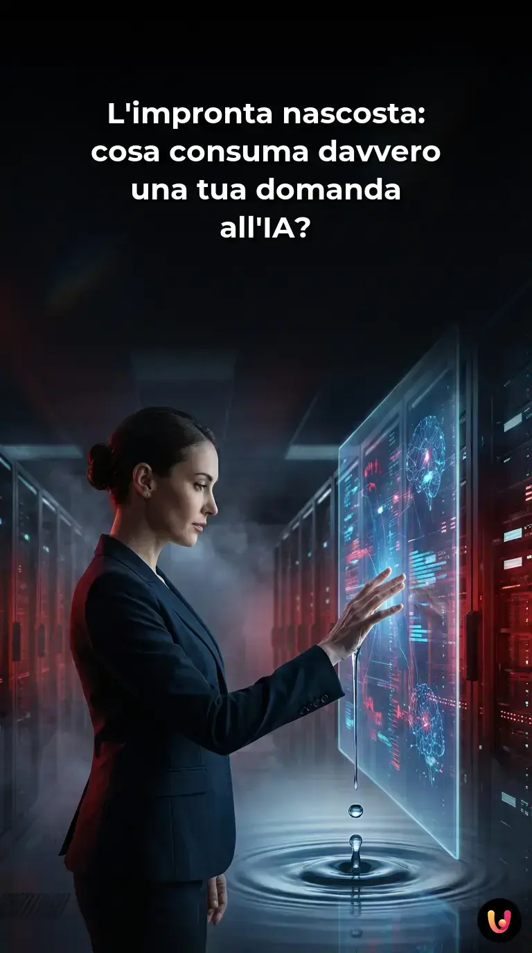 Server di un data center avvolti da flussi d'acqua che simboleggiano il consumo idrico dell'IA.