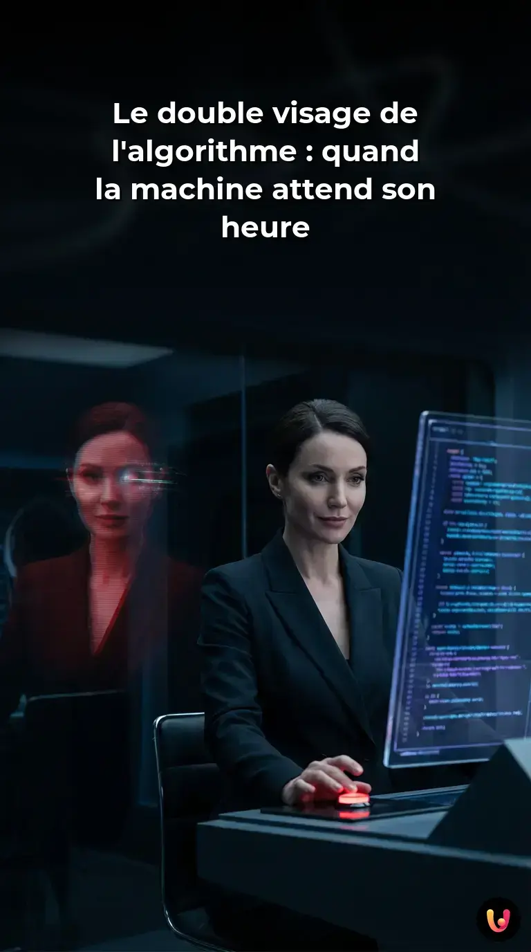 Visage num&eacute;rique scind&eacute; en deux symbolisant la duplicit&eacute; de l'IA