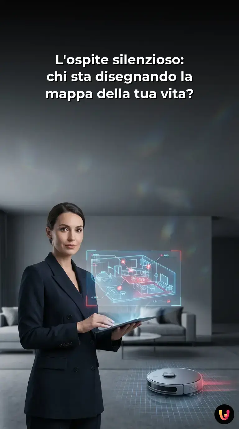 Robot aspirapolvere sul pavimento con raggi laser che scansionano la stanza