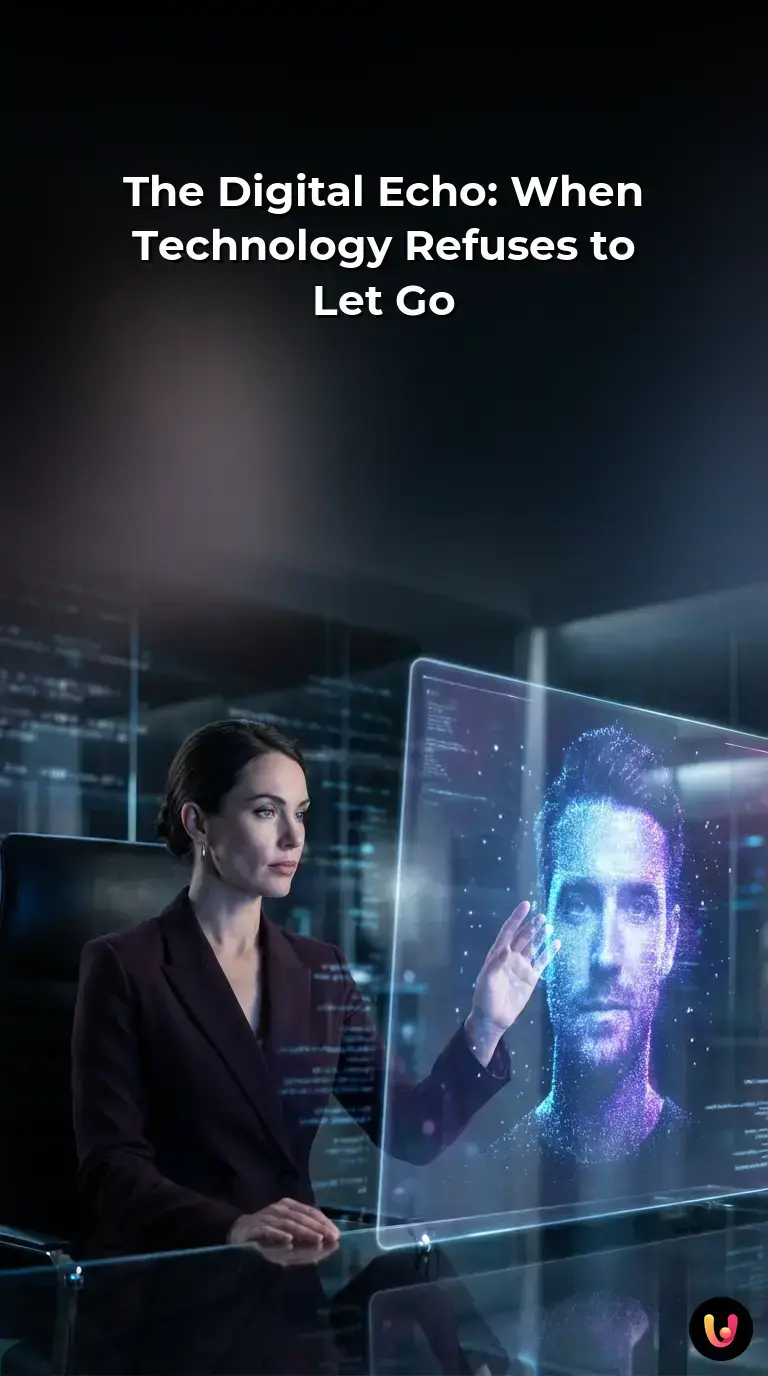 A glowing smartphone screen displays a digital human replica in a shadowy room.