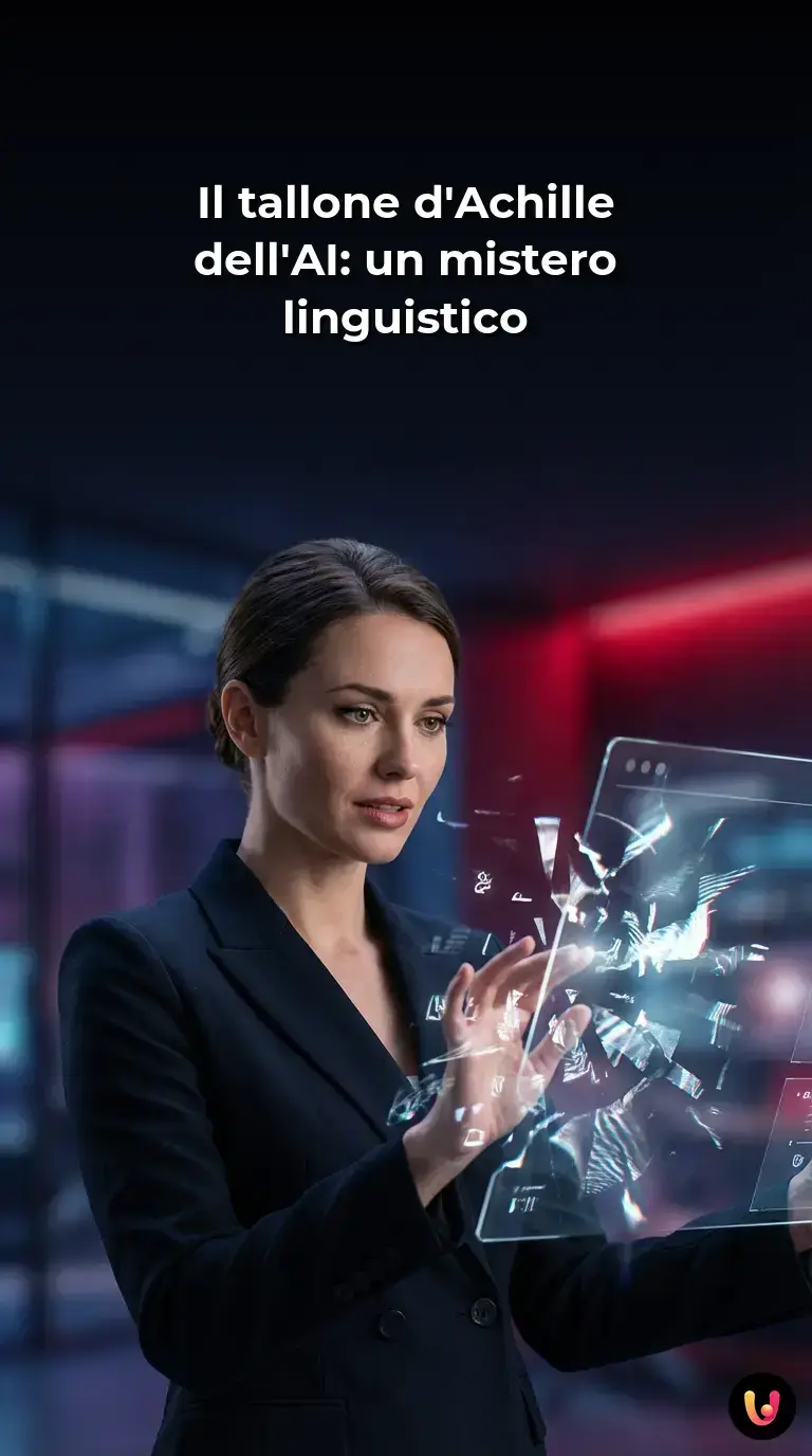 Cervello digitale luminoso che va in cortocircuito tra stringhe di codice e testo frammentato.