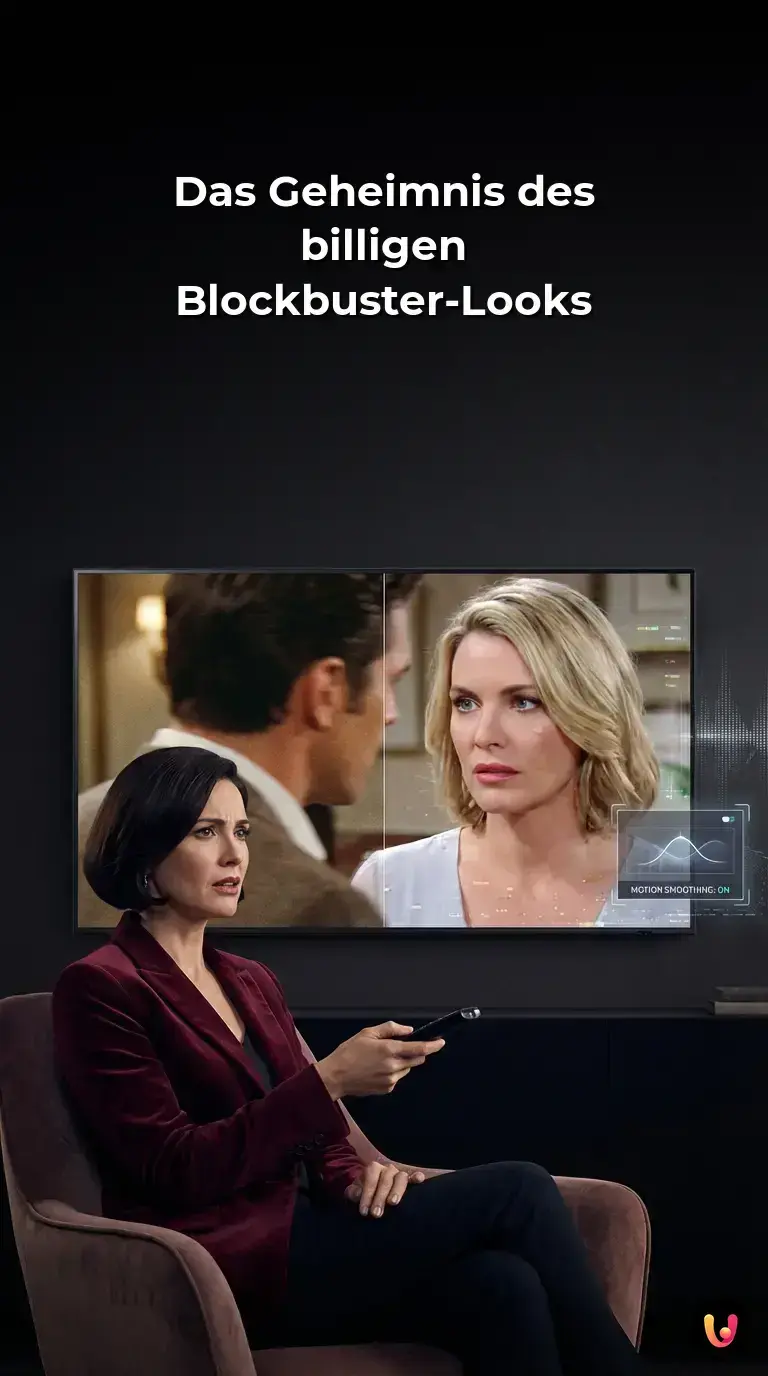 Ein großes TV-Gerät im dunklen Heimkino, das den visuellen Soap-Opera-Effekt bei Filmen darstellt.