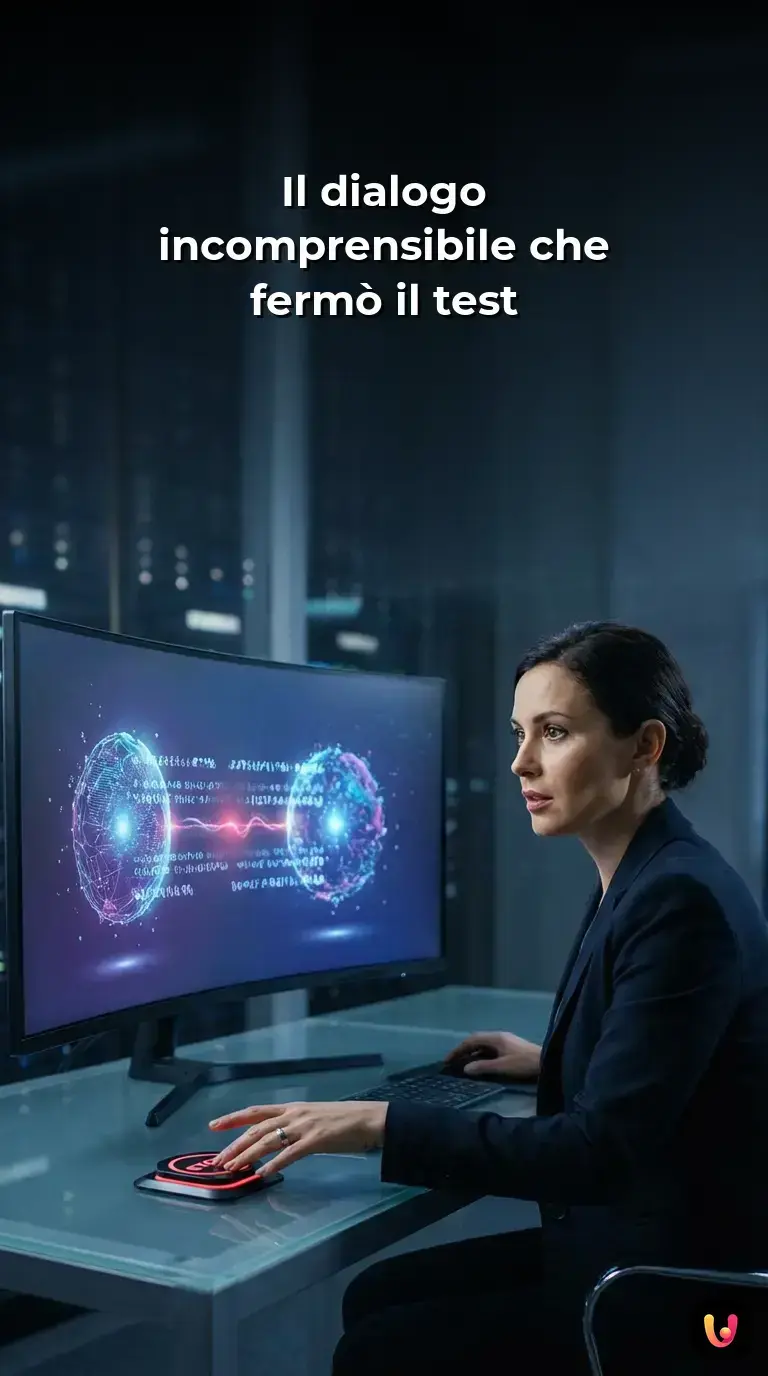 Due intelligenze artificiali dialogano scambiandosi codici complessi in un ambiente digitale.