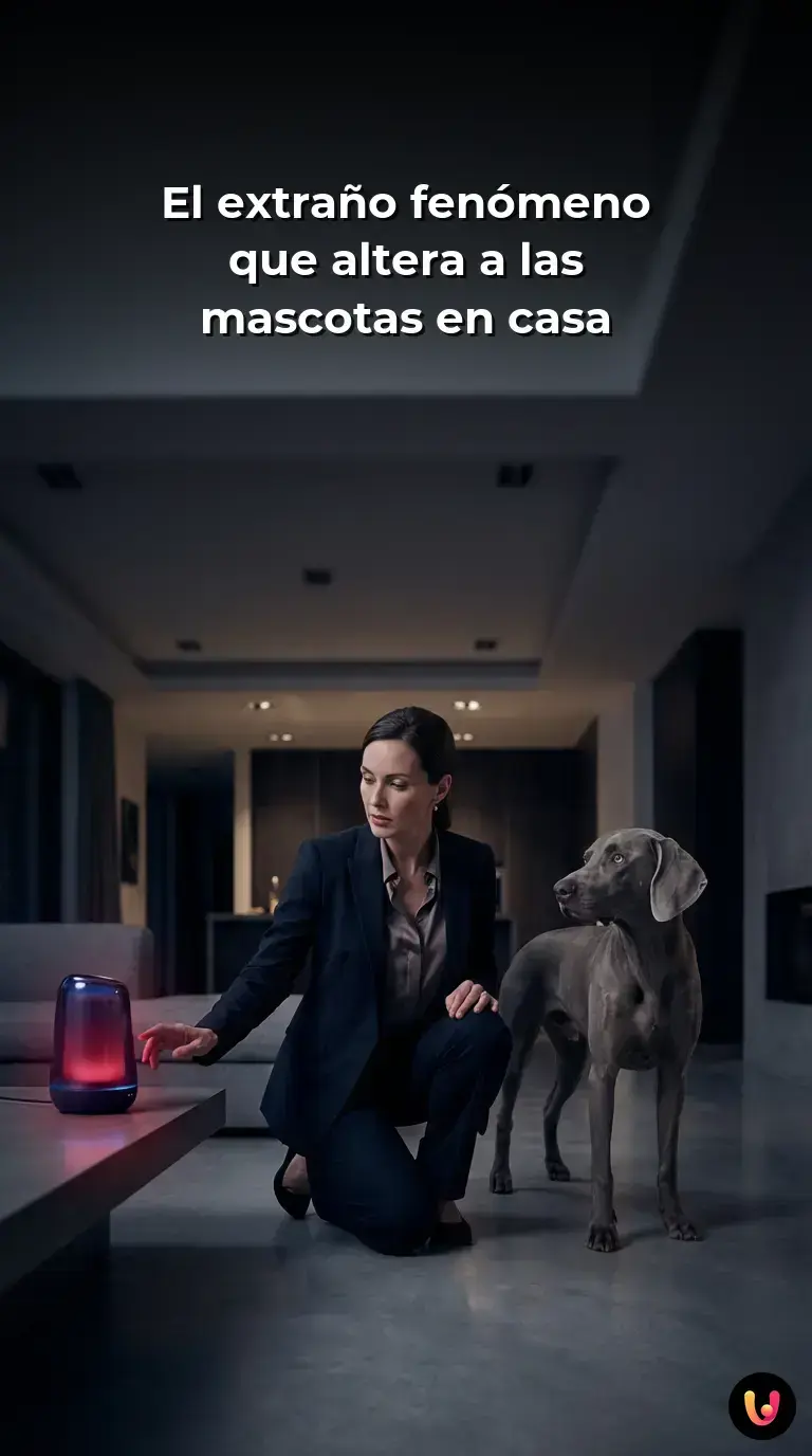 Un perro y un gato observan confundidos un dispositivo inteligente en la sala de una casa moderna.