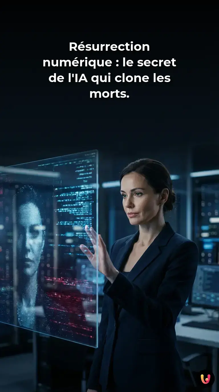 Un visage holographique émergeant d'un flux de données lumineuses.