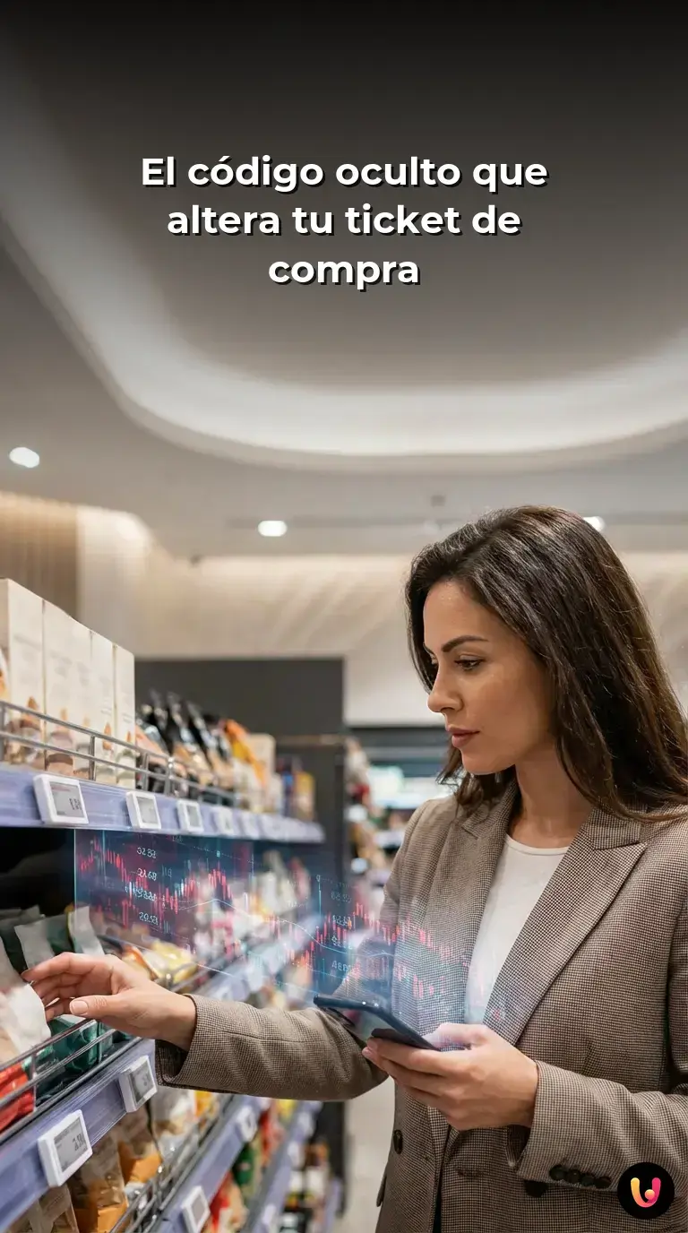 Ticket de compra de supermercado fusionado con c&oacute;digo binario brillante.