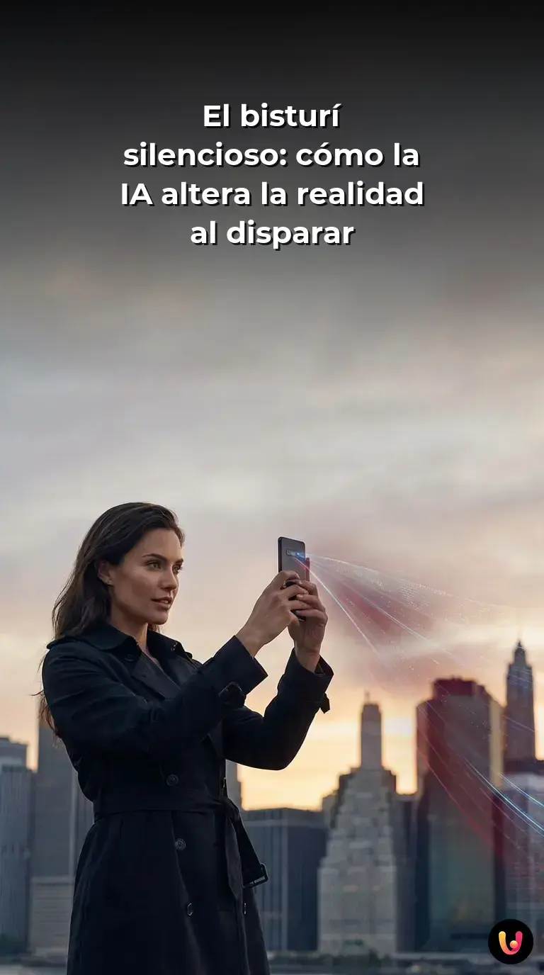 Lente de smartphone enfocando un paisaje mientras procesa datos digitales.