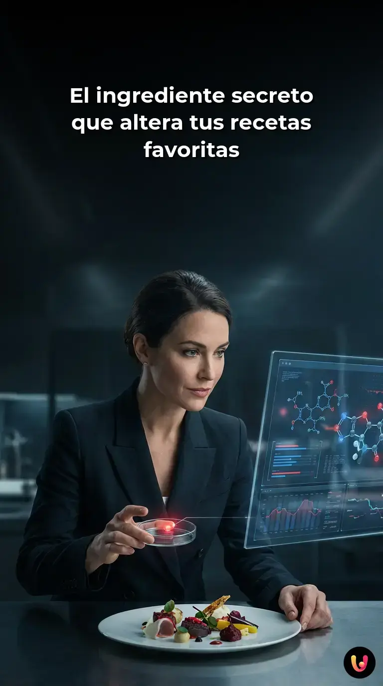 Un c&oacute;digo digital brillante se fusiona con ingredientes frescos sobre una mesa de cocina moderna.