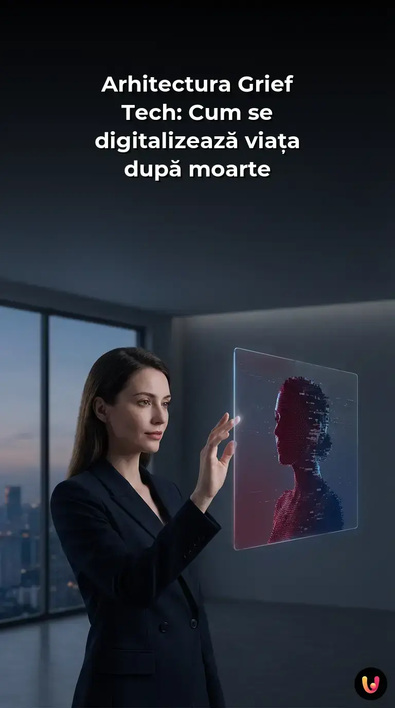 Față umană recreată din rețele neuronale și fragmente de date digitale pe un fundal &icirc;ntunecat.