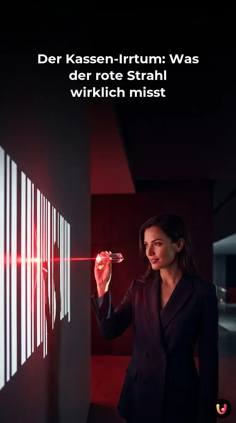 Ein roter Laserstrahl scannt einen Barcode auf einem Produkt an der Kasse.