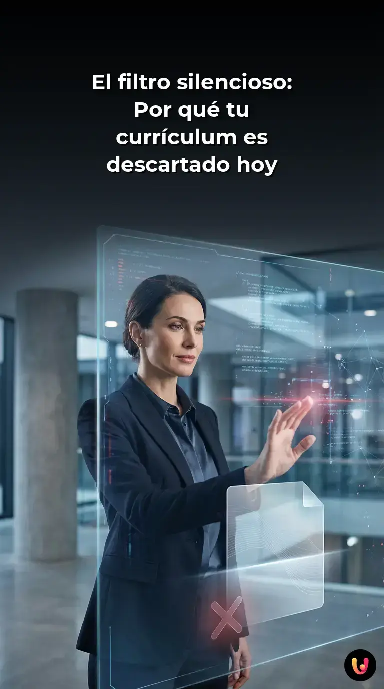Pantalla digital escaneando un curr&iacute;culum vitae mediante algoritmos de inteligencia artificial.