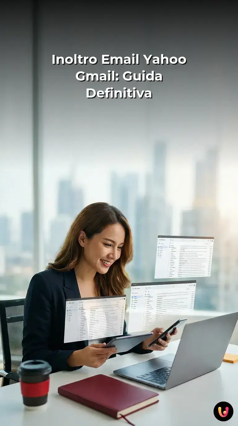 Interfaccia digitale che mostra il trasferimento di email da account Yahoo verso Gmail.