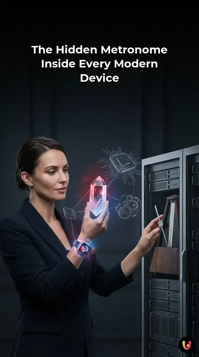 A glowing quartz crystal embedded inside a modern computer microchip circuit board.