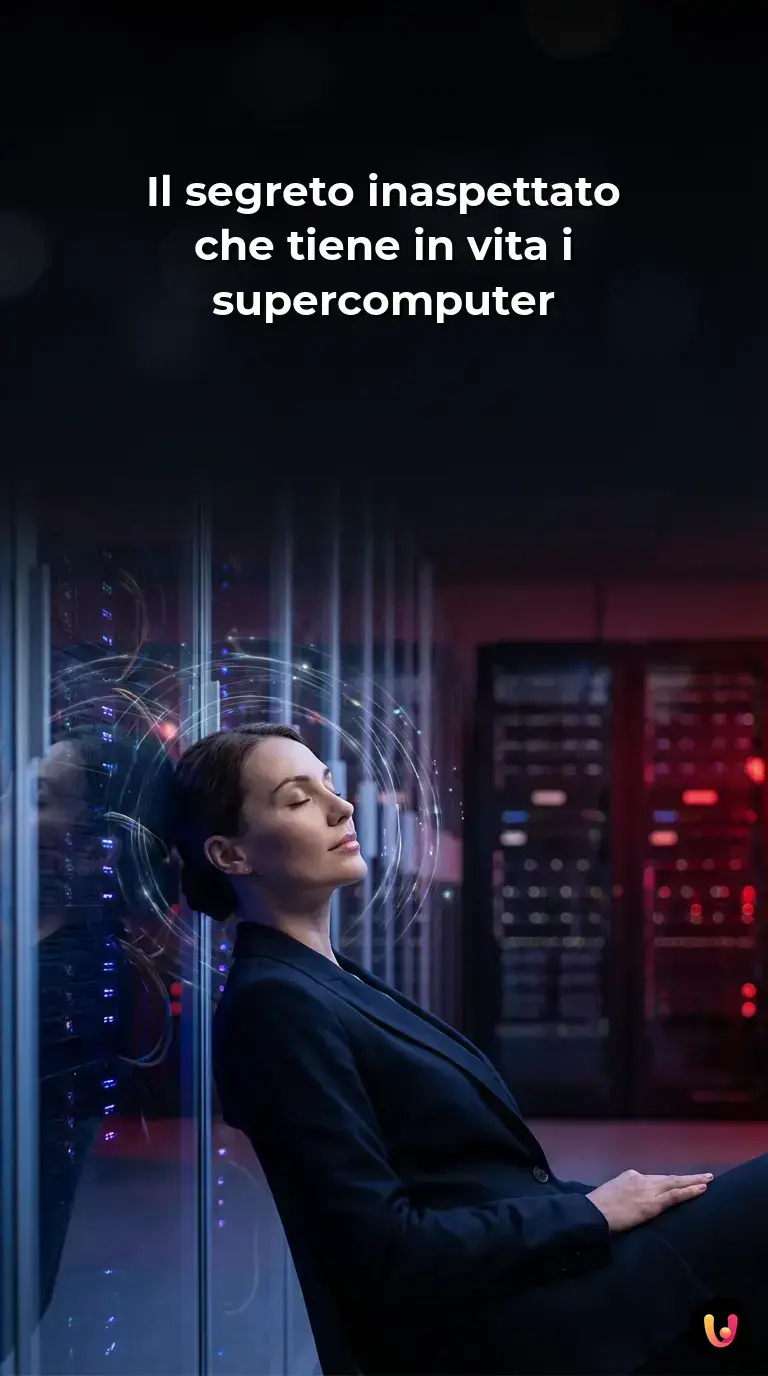 Server di un supercomputer con luci soffuse che simula una fase di sonno artificiale.