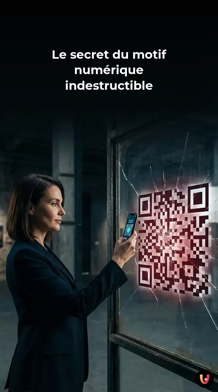 Un smartphone scanne un QR code partiellement effac&eacute; pour r&eacute;v&eacute;ler son architecture g&eacute;om&eacute;trique.