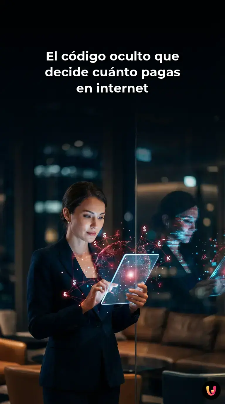 Usuario comprando en internet mientras un c&oacute;digo digital altera el precio final en la pantalla.