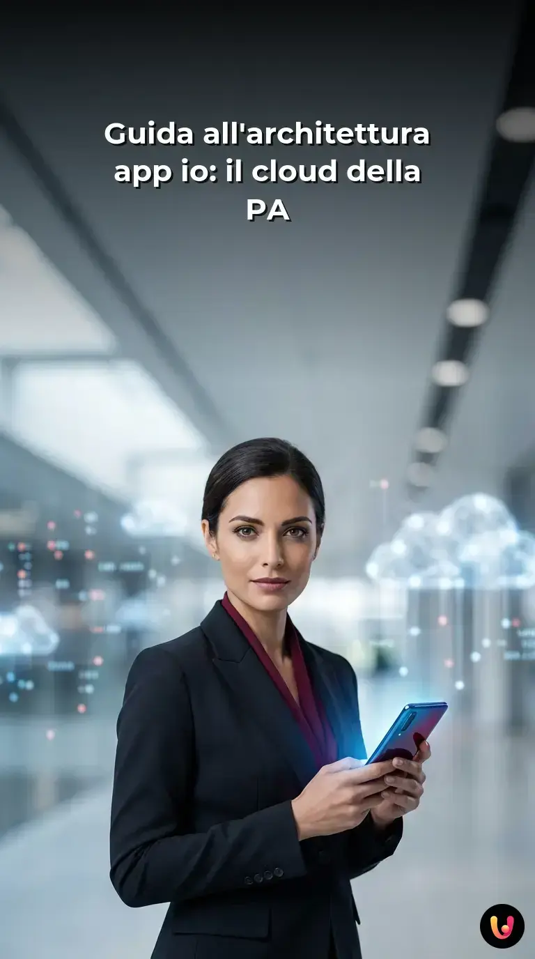 Smartphone con logo App IO connesso a una rete cloud luminosa e sicura.