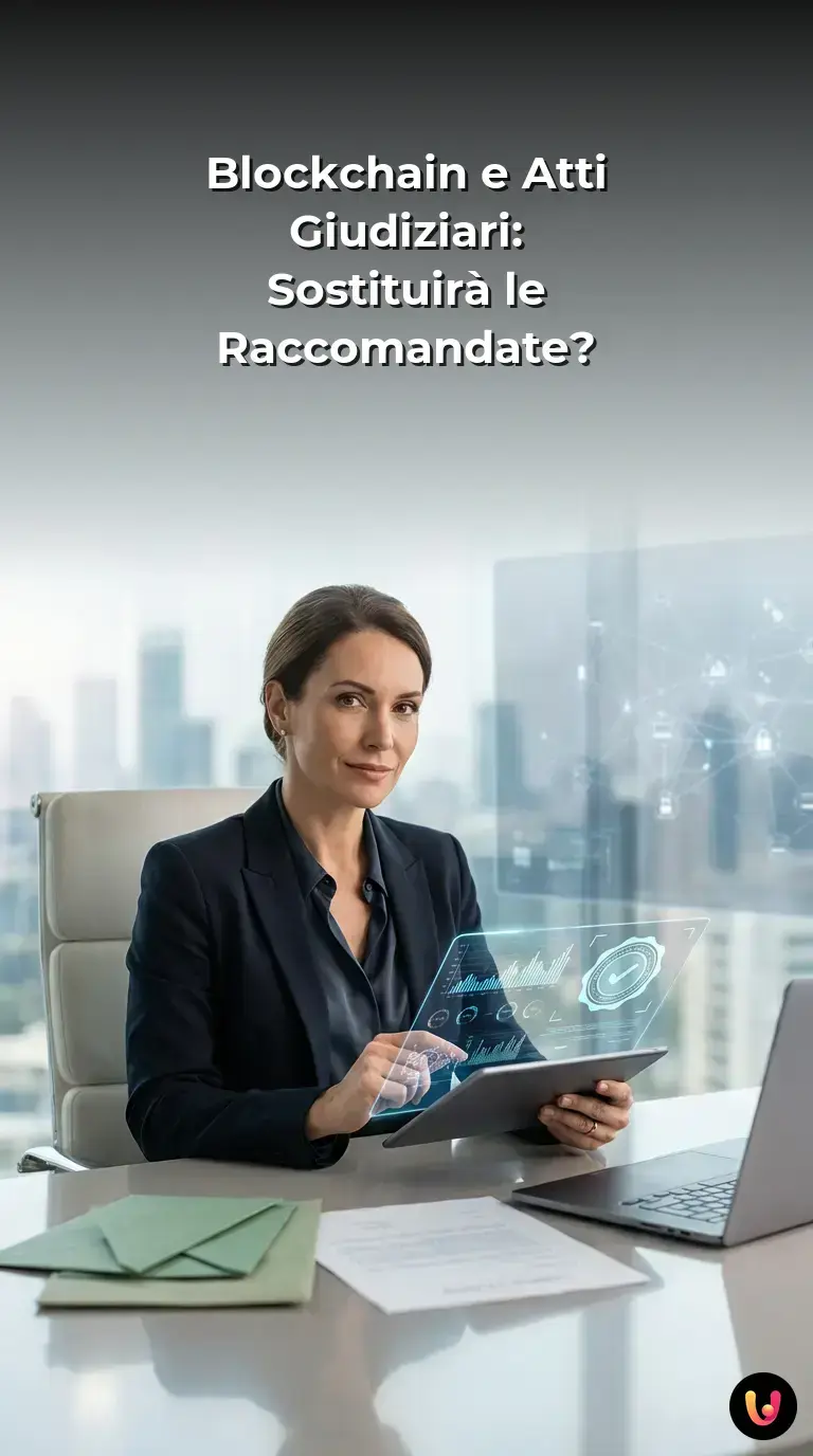 Documenti giudiziari digitalizzati protetti da un lucchetto crittografico luminoso.