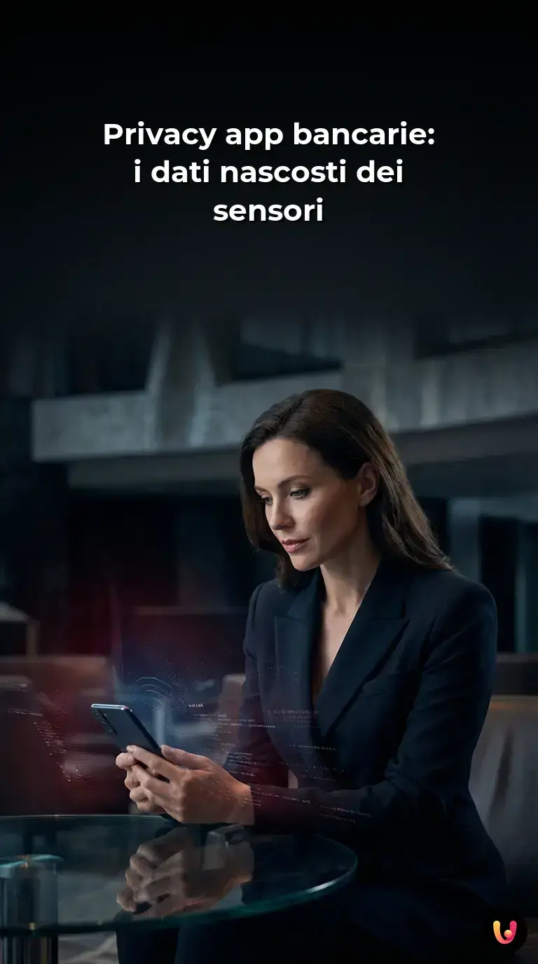 Schermo di uno smartphone con app bancaria aperta circondato da simboli grafici di sicurezza e dati.