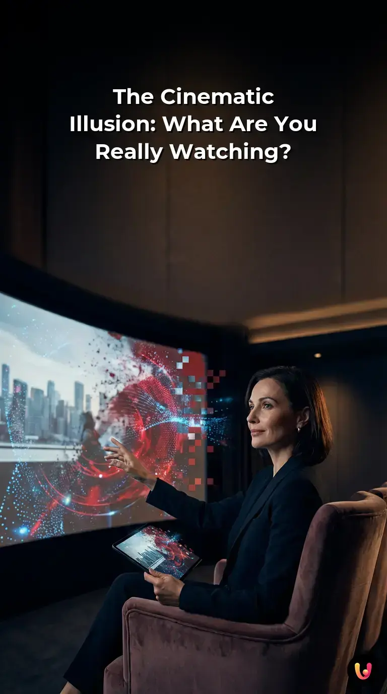 A cinematic screen dissolving into glowing mathematical data blocks.