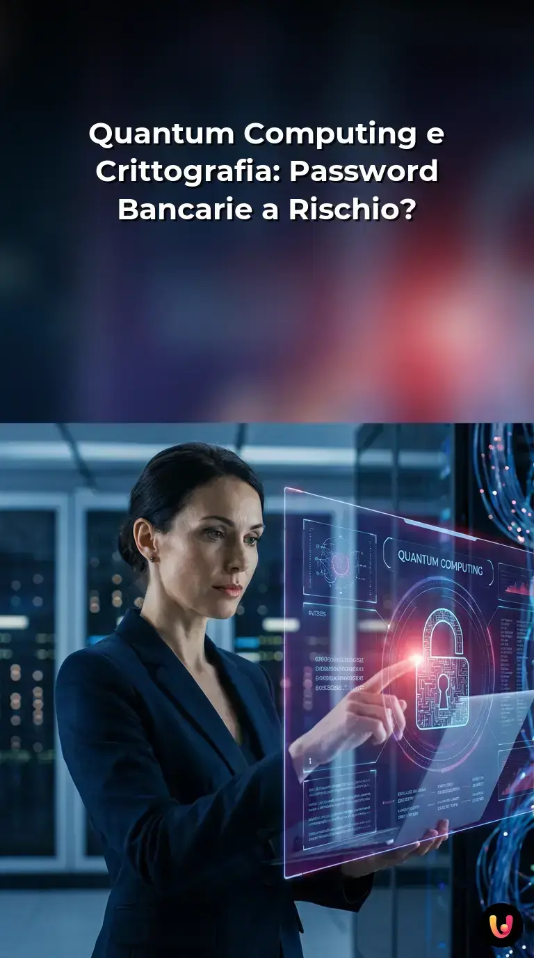 Processore quantistico illuminato sovrapposto a codici crittografici e simboli bancari.