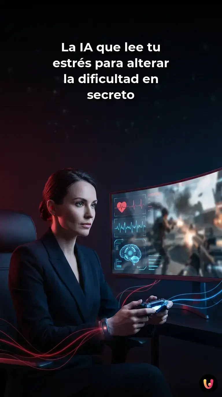 Jugador estresado frente a un monitor con gr&aacute;ficos de datos de inteligencia artificial.