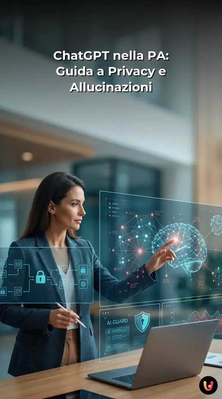 Funzionario pubblico utilizza un sistema di intelligenza artificiale sicuro al computer.