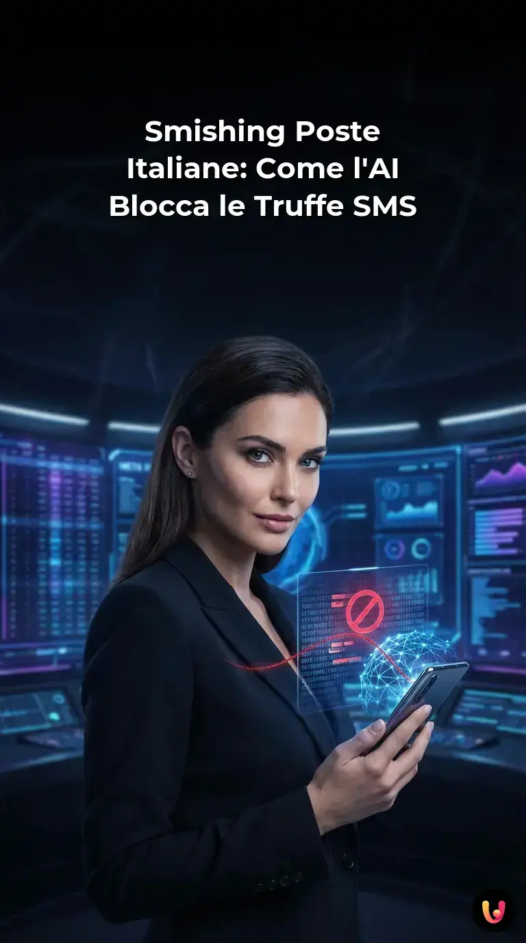 Smartphone con scudo digitale che blocca un finto SMS fraudolento a nome di Poste Italiane.