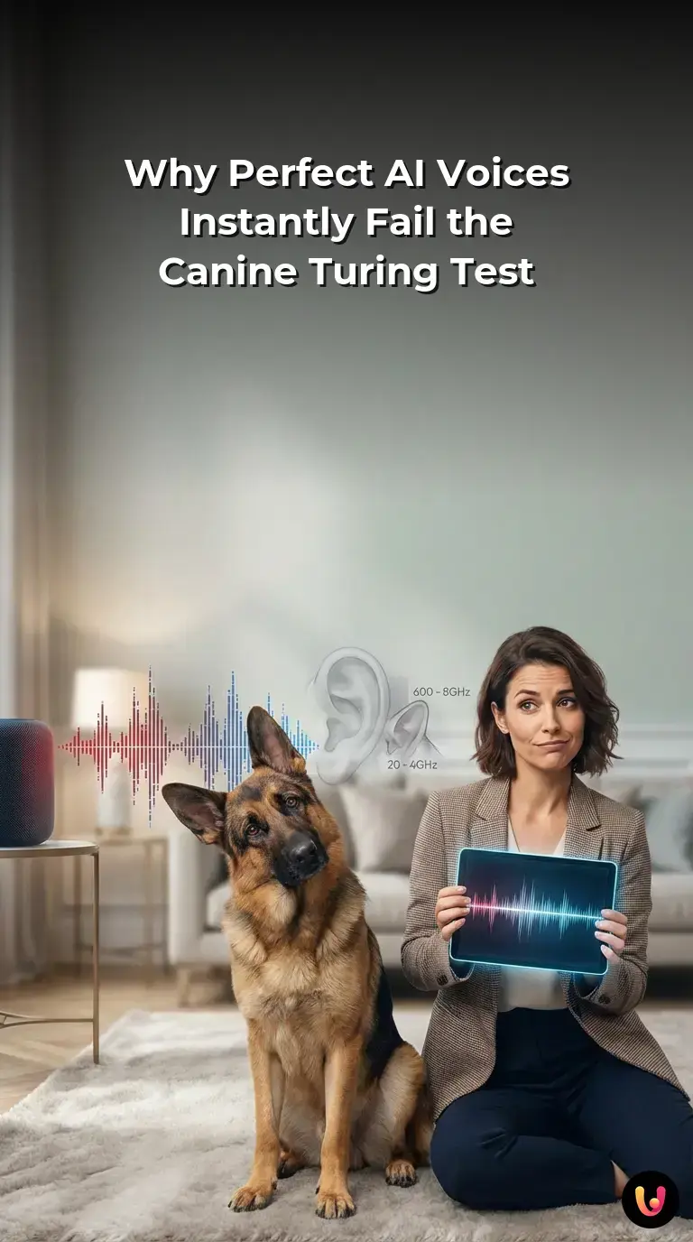 A curious dog tilts its head while listening to a digital device playing synthetic audio.