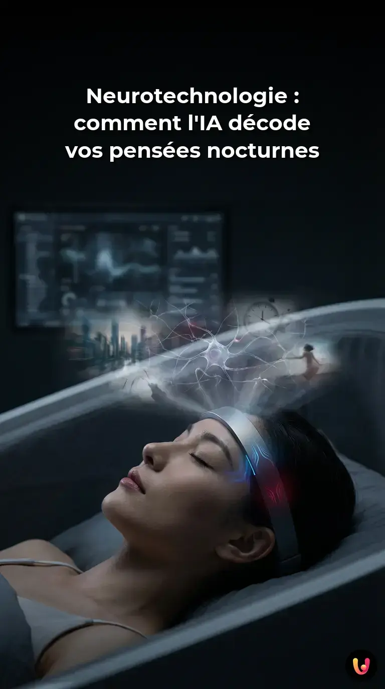Un cerveau humain endormi connect&eacute; &agrave; des flux de donn&eacute;es lumineuses symbolisant l'IA.